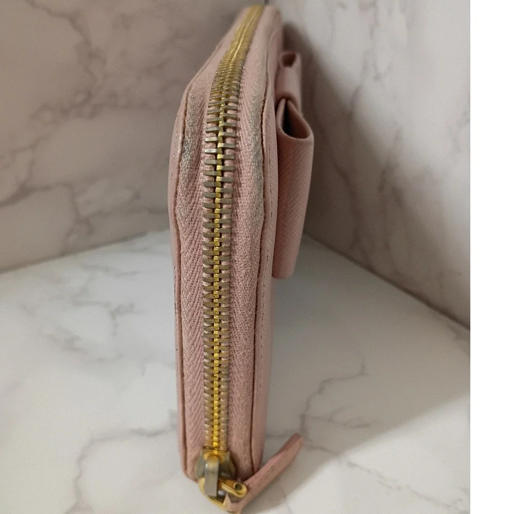 PRADA Light Pink Saffiano Leather Bow Zip-Around Wallet